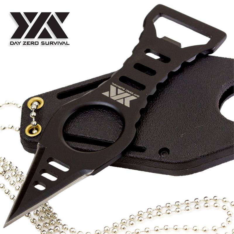 Day Zero Survival Black Bottle Opener Neck Knife Dagger with Kydex Sheath - Tophatter's Army Products & Self Defense Collectible Weapons - Tophatter Daily Deals